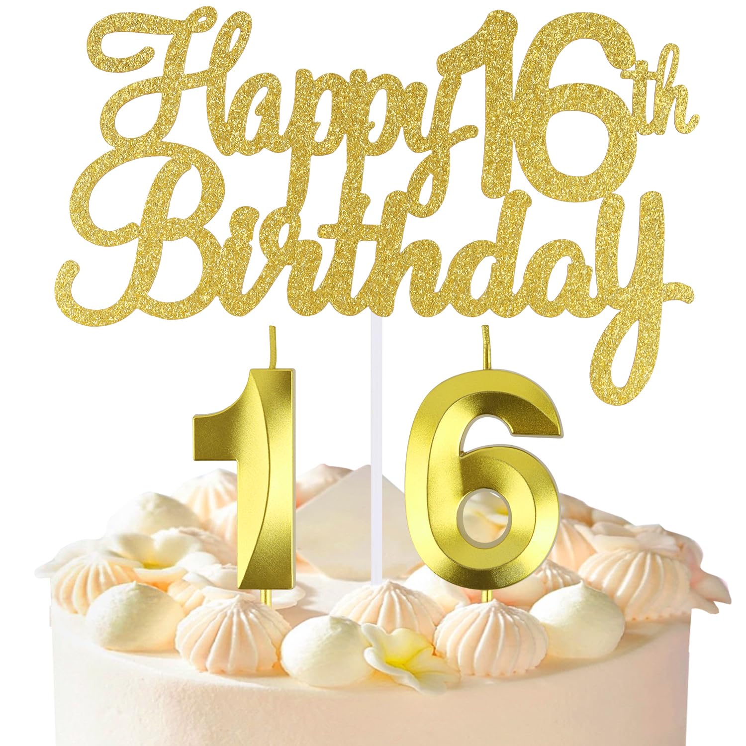 Happy 16th Birthday Cake Topper + 16th Birthday Candles, 16 Cake Topper Gold Number 16 Candles, 16th Birthday Cake Decorations for Boys and Girls (16)