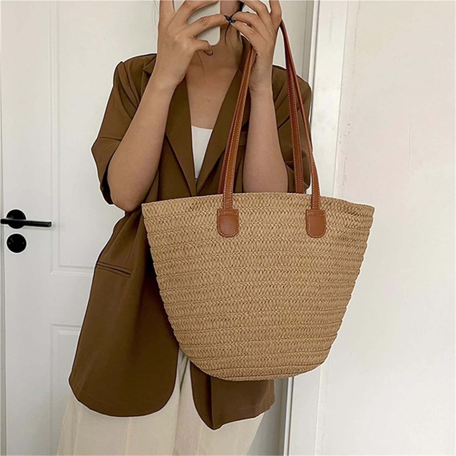 Bolso de Hombro de Paja Bolsos de mano cesta trenzada for mujer, bolso con asa superior, bolsos playa verano portátiles paja grande