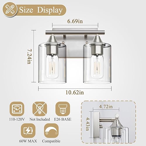 Miniatura 4 de Lámpara de tocador de baño, 2 luces de níquel cepillado sobre espejo, moderna para dormitorio, tocador, mesa de pasillo