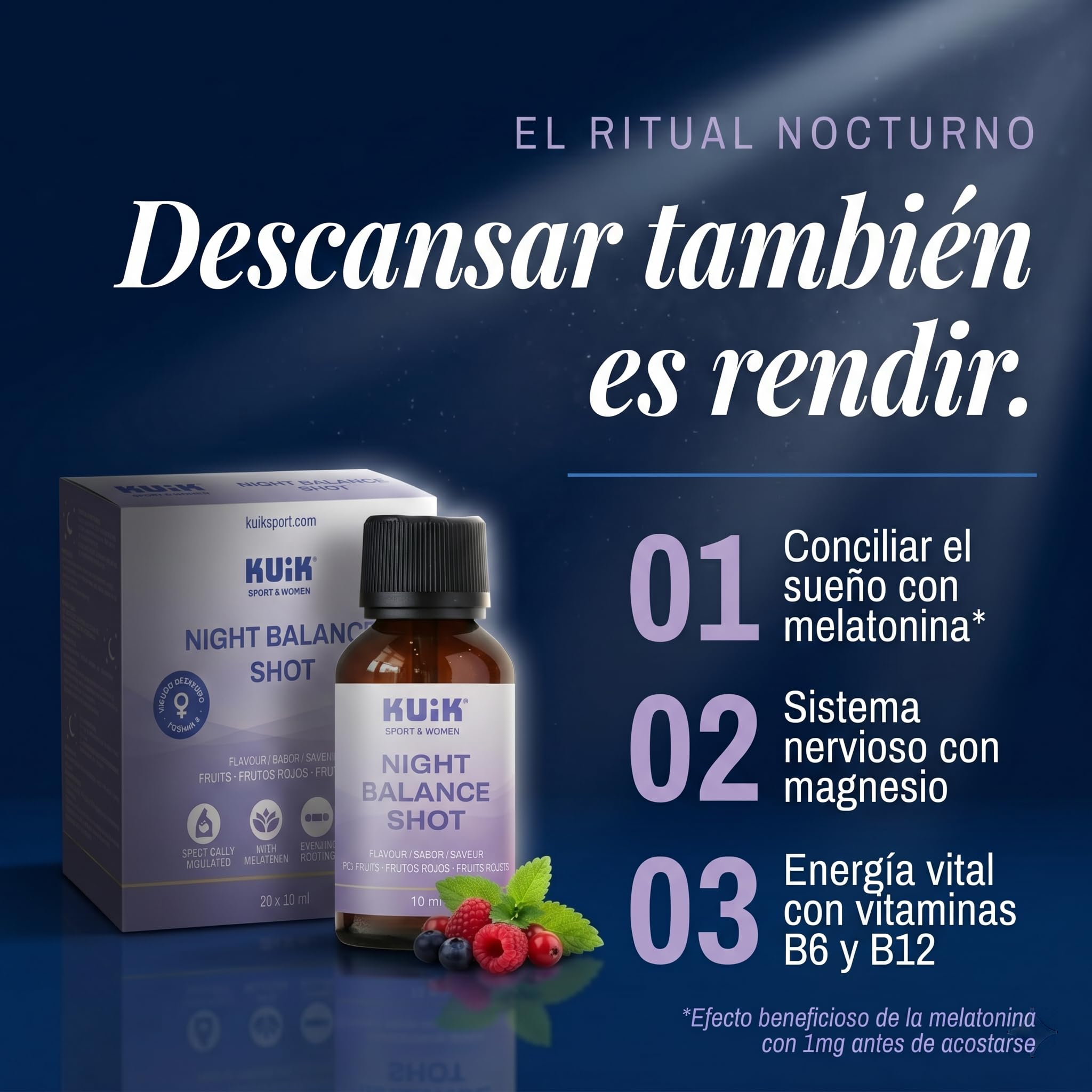 Night Balance Shot con Melatonina, Magnesio y L-Teanina – Complemento Alimenticio Líquido para el Descanso – Con GABA y Extractos Vegetales – Sabor Frutos Rojos – 20 Viales – KUIK Sport