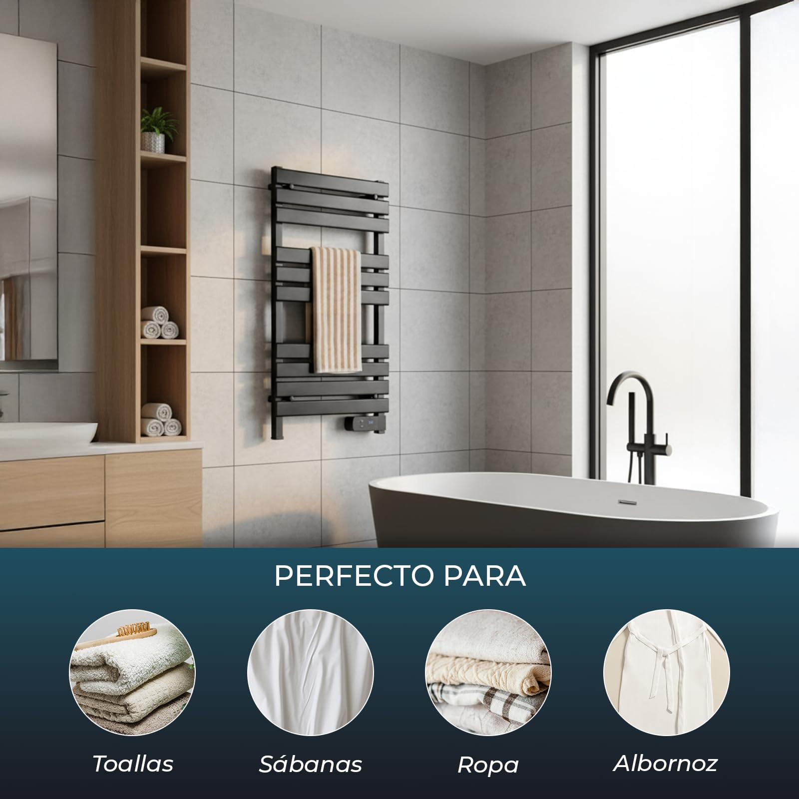 YOEVU | Radiador toallero eléctrico | 500W, Aleación de Aluminio | Temporizador LED, 2 Modos, IP24 | Calienta y Seca Toallas con bajo Consumo | Negro