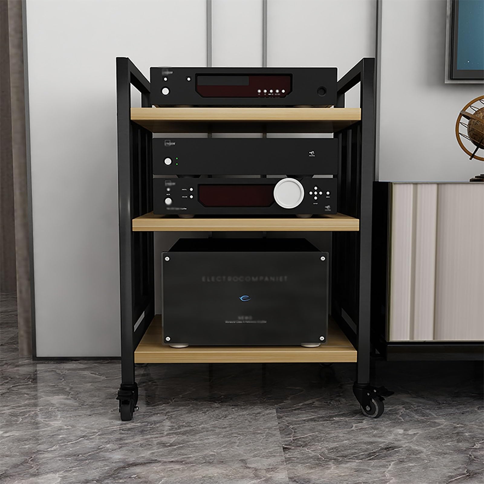 Tour de rack audio élégante et support multimédia moderne 4 niveaux au design épuré
