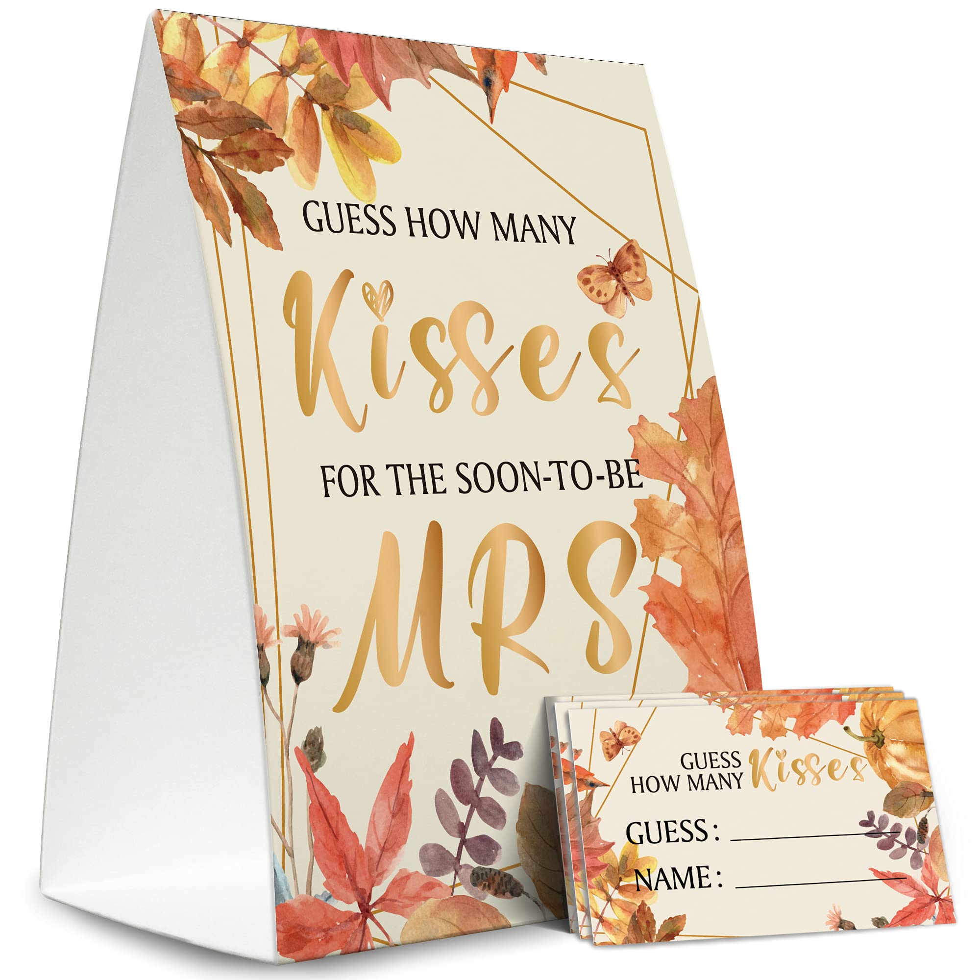 Tesedupoole Fall Bridal Shower Game Cards Kit (1 Standing Sign + 50 Guessing Cards), Pumpkin theme,Guess How Many Kisses For The Soon To Be Mrs,Bridal Tribe Party - QJ17