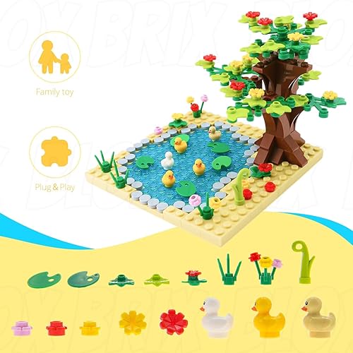 Miniatura 2 de BloxBrix Juego de 246 bloques de construcción de granjas, ladrillos de pato, estanque, compatibles con Lego, plantas, hojas de loto, flores, ramitas