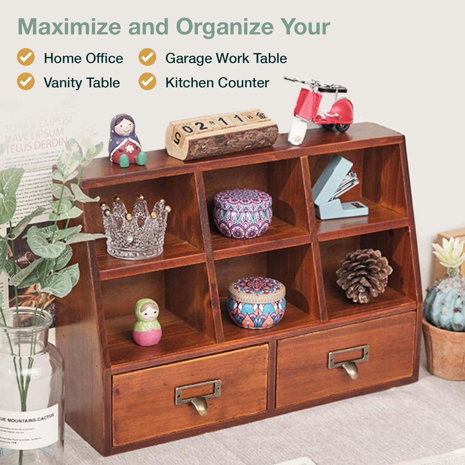 Desktop Mini Pigeon Hole Drawer Organizer - Vintage Farmhouse Wooden Shelves with 6 Compartments & 2 Drawers - Mahogany Wood Drawer Box Display Stand - Office Study Table Organizing Cabinet