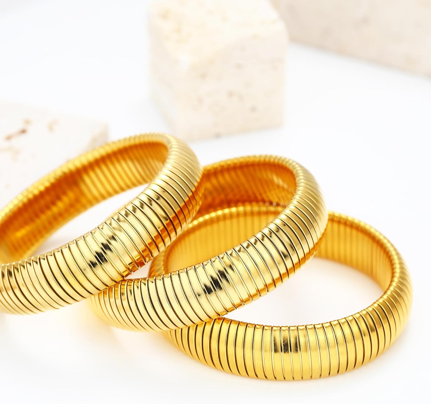 Chunky Gold Beaded Bangle Bracelet Set Stack for Women Men Stretchy Snake Link Chain Flexible Wide Wristband Bangles Bracelets - Image 2