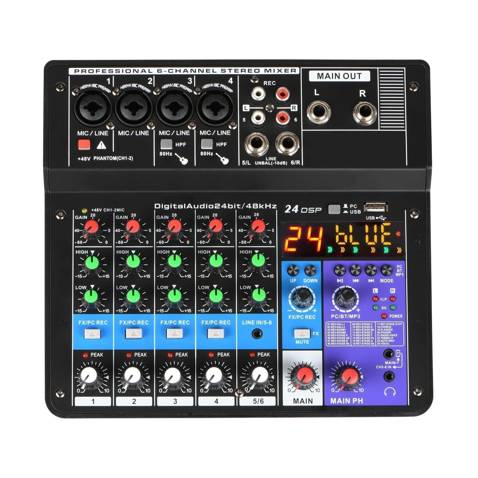 Consolle DJ, Console di missaggio a 6 canali Mobile USB Registrazione computer Riproduzione Mixer ingresso alimentazione phantom 48V A6