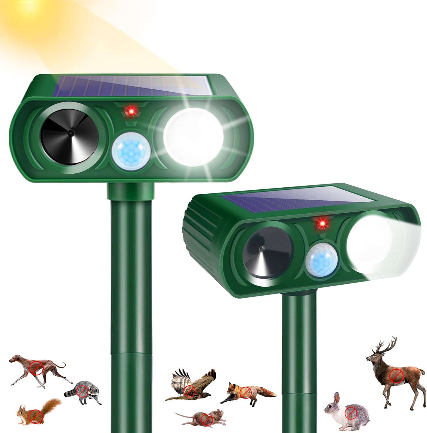 2Pack Solar Ultrasonic Animal Repellent Outdoor Deer Repellent Devices with Motion Detection&Flash Light Squirrel Cat Raccoon Rabbit Dog Deterrent,Keep Rodent Chipmunk Squirrel Away for Yard Garden