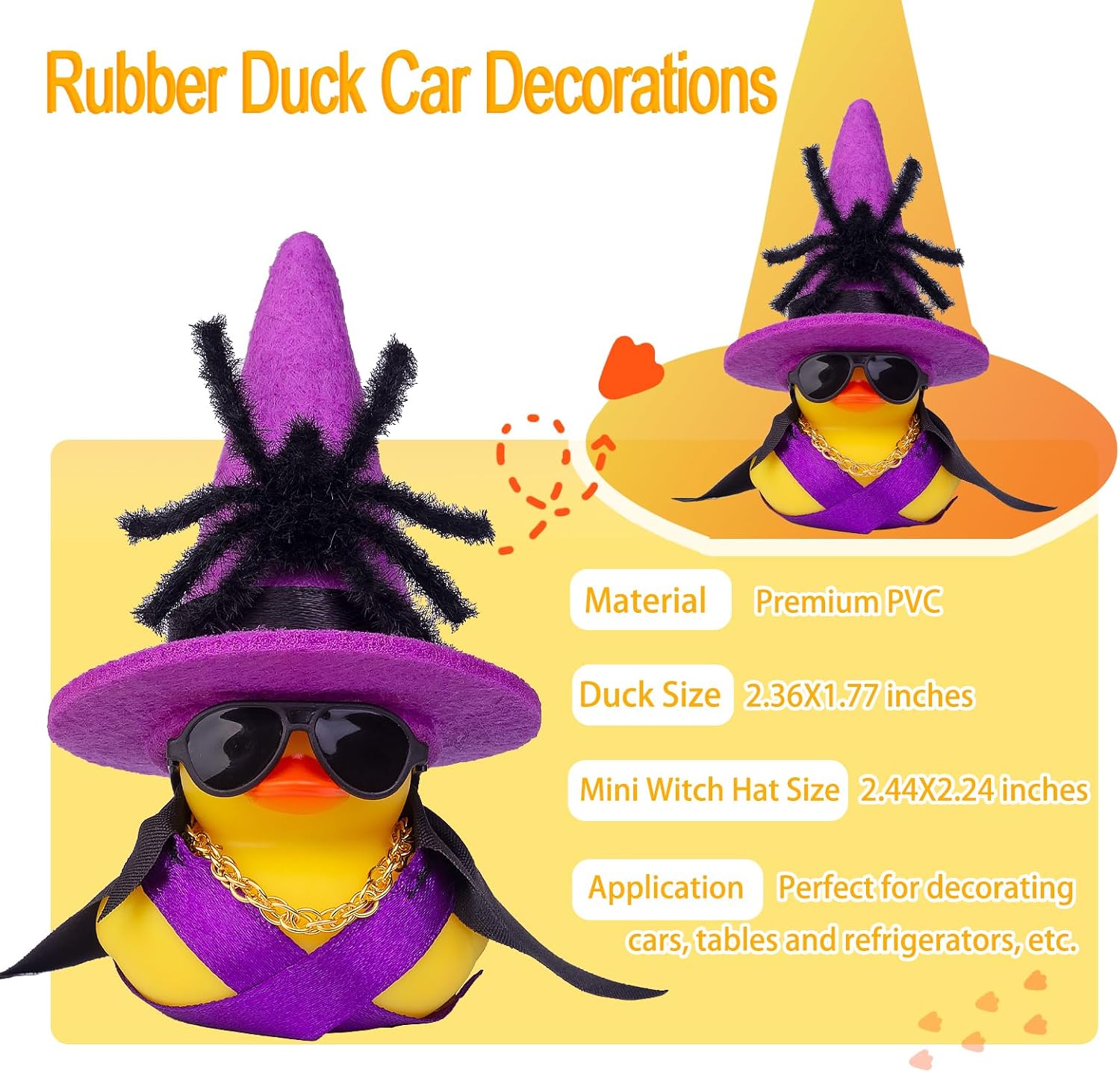 Halloween Rubber Duck Car Ornament, Rubber Duck Car Dashboard Spider Halloween Accessories Decor with Mini Witch Hat Necklace Sunglasses Cloak