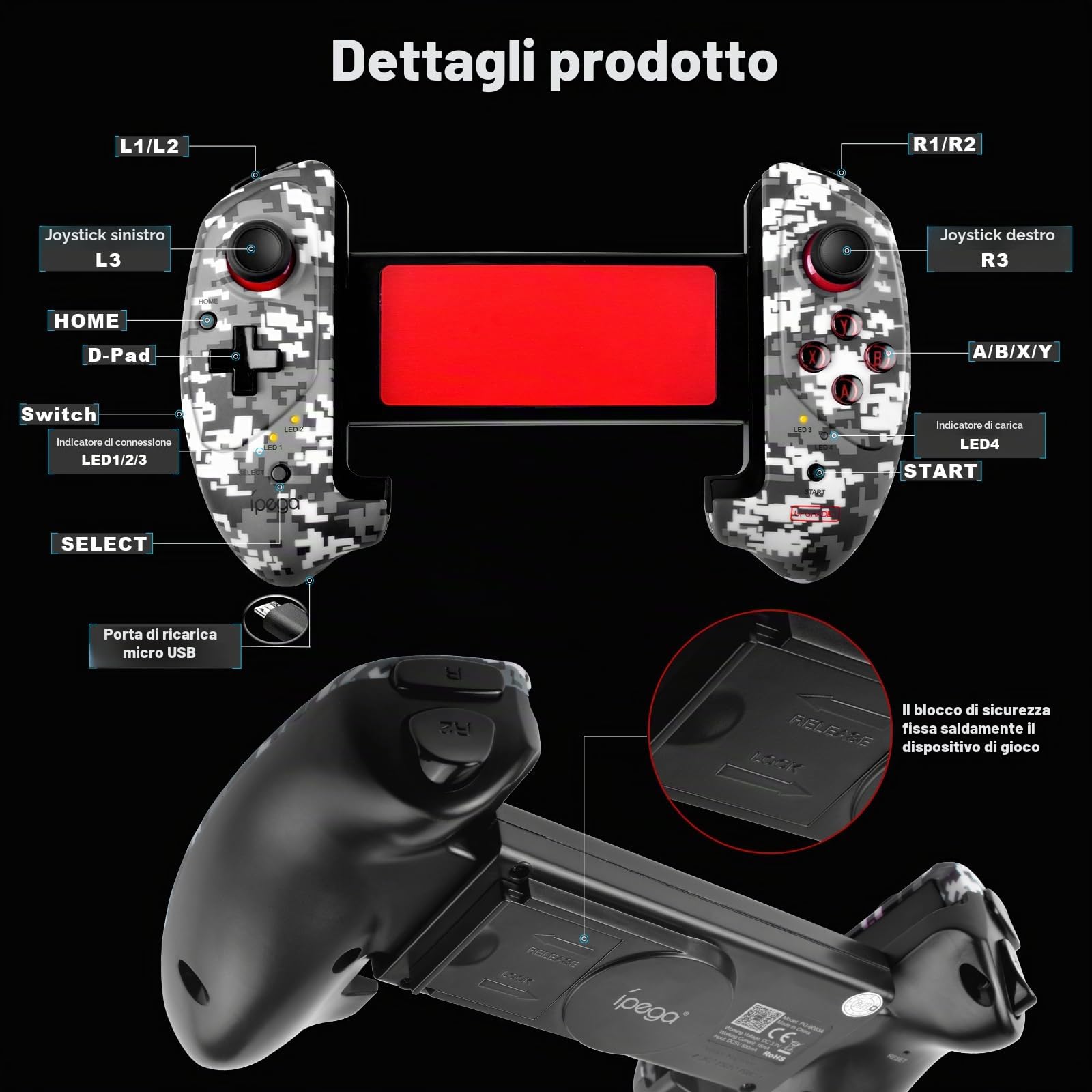 Joso Controller Wireless per Android, iOS, PC, Game Controller per iPhone, iPad, Tablet Play COD Mobile, Genshin Impact, Minecraft, compatibile con Samsung Galaxy, Xiaomi, Oppo, OnePlus - Direct Play