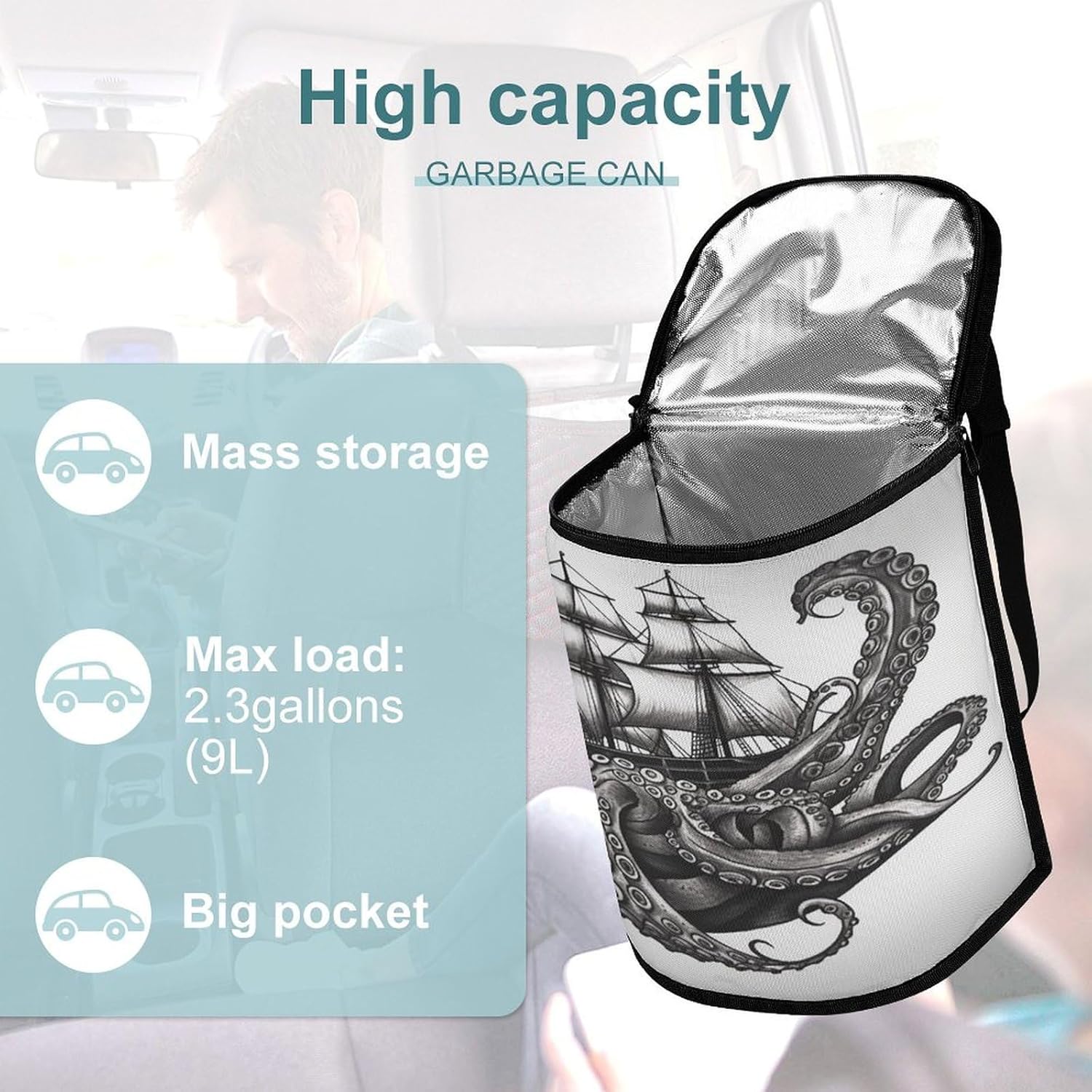 Hanging Car Trash Bag Octopus And Ship Printed Car Garbage Storage Bag Leakproof Car Trash Can Portable Garbage Storage Bags