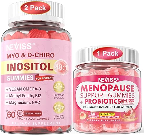 NEVISS Paquete de 2 gomitas de mio-inositol y D-Chiro inositol y 1 paquete de gomitas llenas de suplemento de menopausia