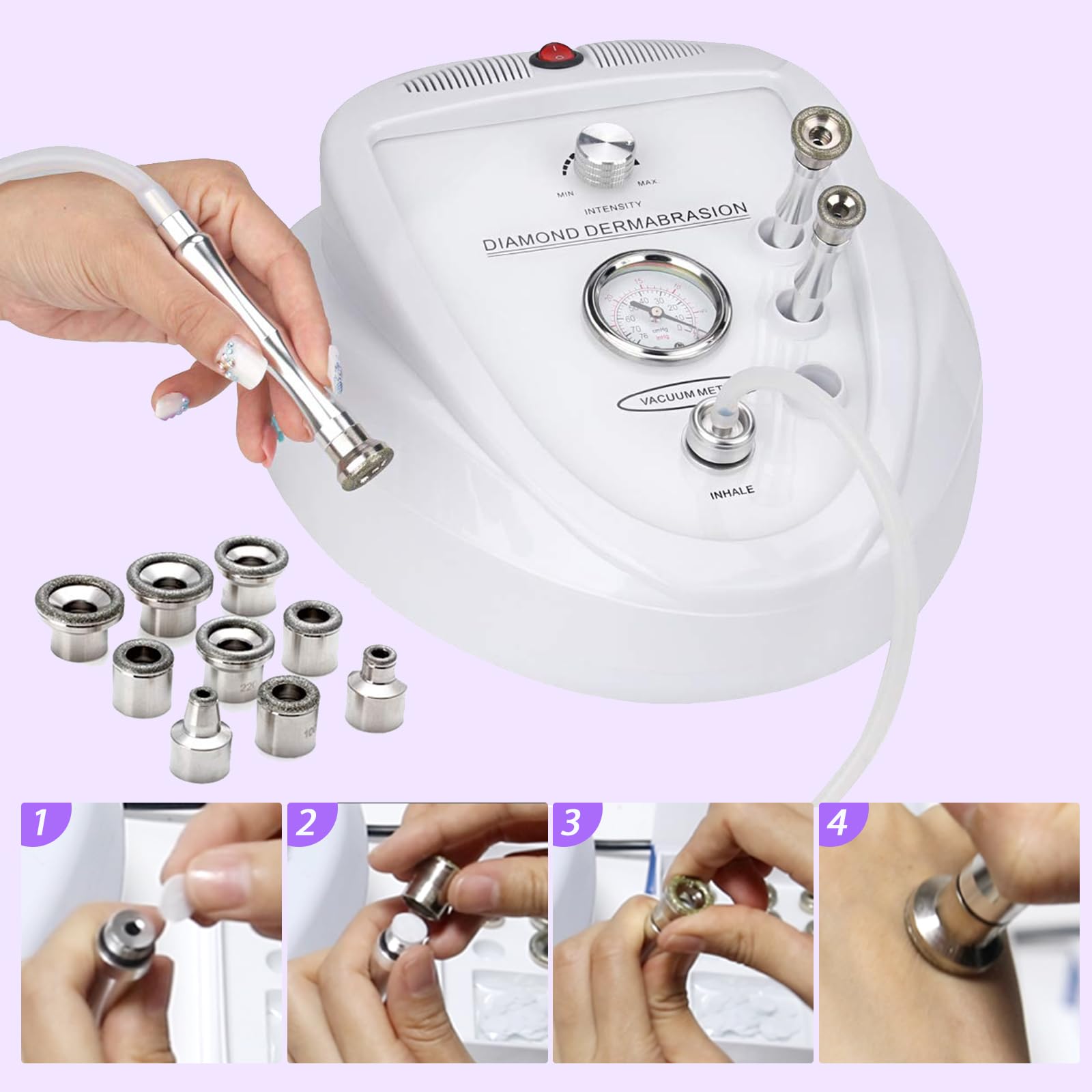 2 in 1 Microdermoabrasione, Aspiratore Punti Neri con 9 Teste di Diamante | Dispositivo professionale Microdermoabrasione, dispositivo per per Pulizia Viso, 65-68 cmHg