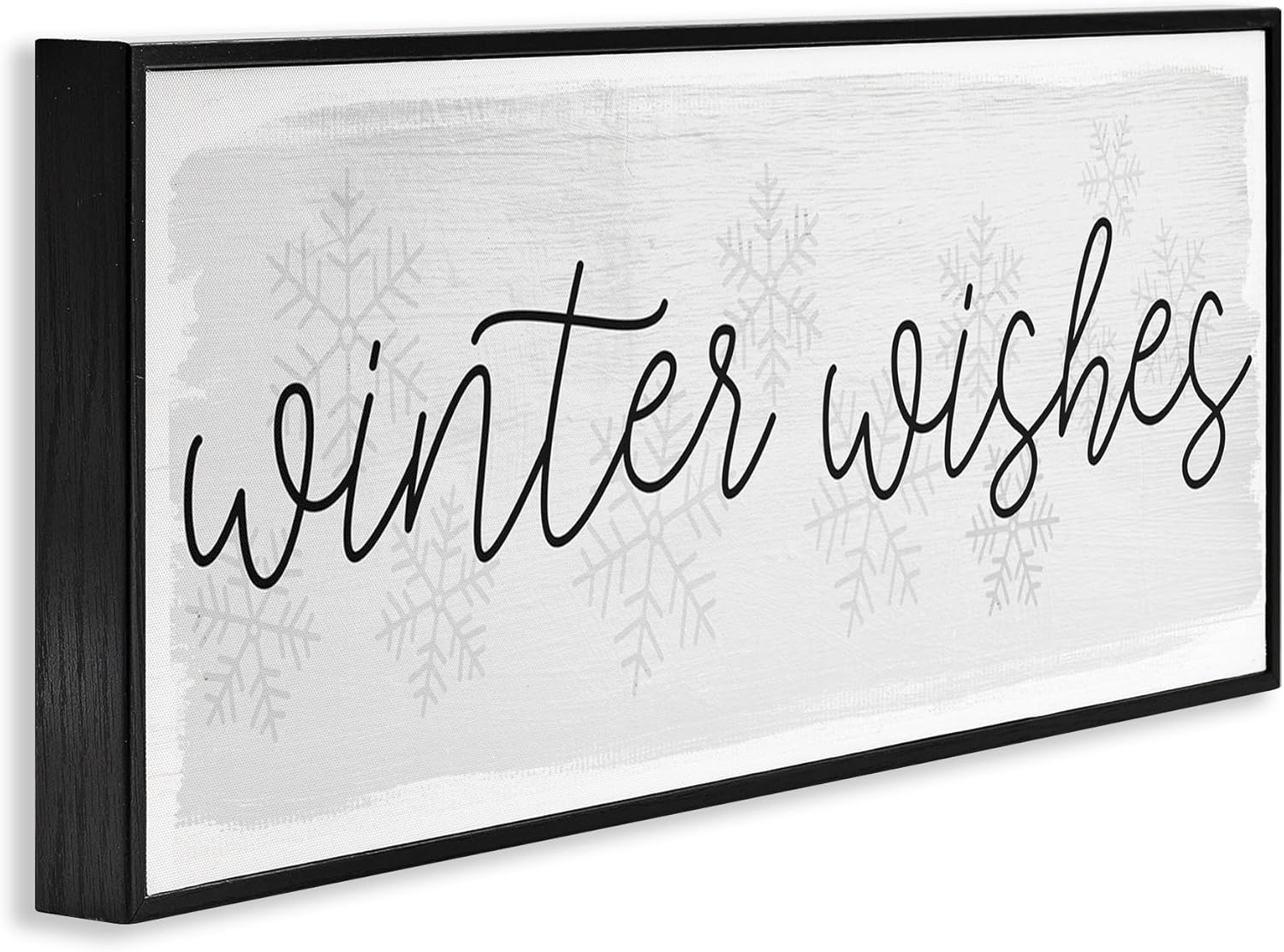 Stupell Industries Winter Wishes Sentiments Geometric Snow Flakes Cursive Typography Black Framed Wall Art, 24x10, Off- White
