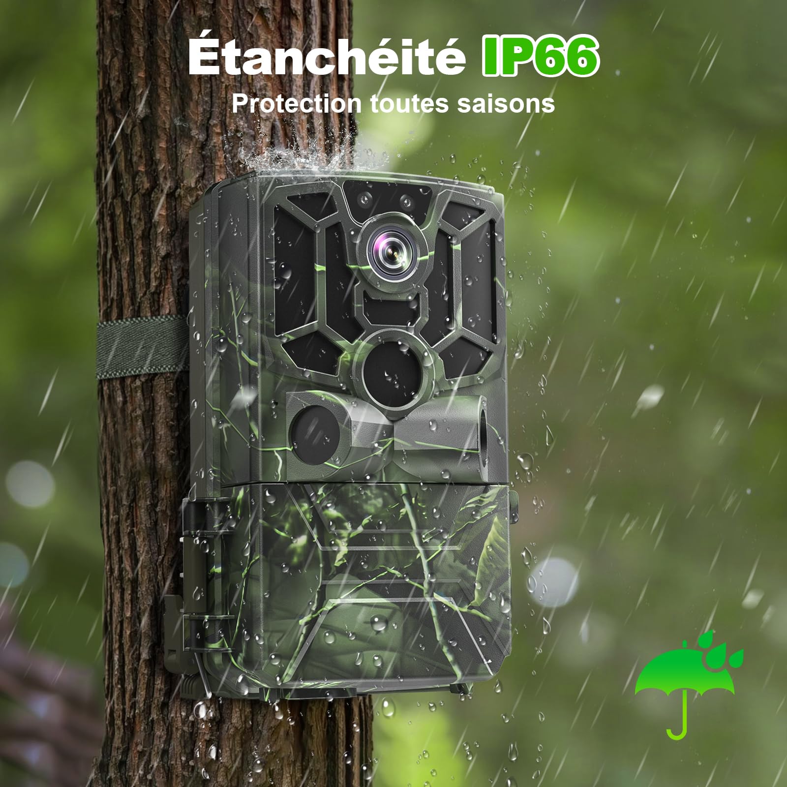 Caméra de Chasse 5K Full HD 60MP WiFi Bluetooth IP66 avec Détecteur de Mouvement Vision Nocturne, Carte 32G et 8 Piles AA