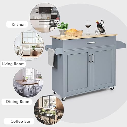 Miniatura 8 de Isla de cocina, carrito de almacenamiento rodante con cajones, armario grande, estante de especias y asa de toalla, carritos de cocina con ruedas