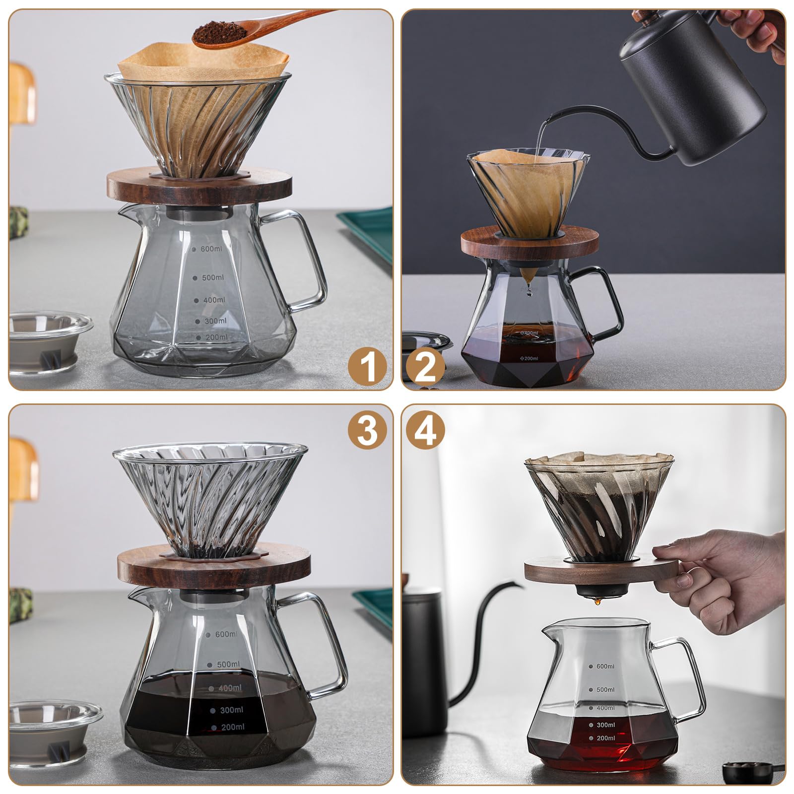 WOPPLXY Cafetera de vidrio borosilicato de 600 ml con 100 filtros de papel tamaño 02, jarra de café de goteo con mango de nogal para el hogar, restaurante, café