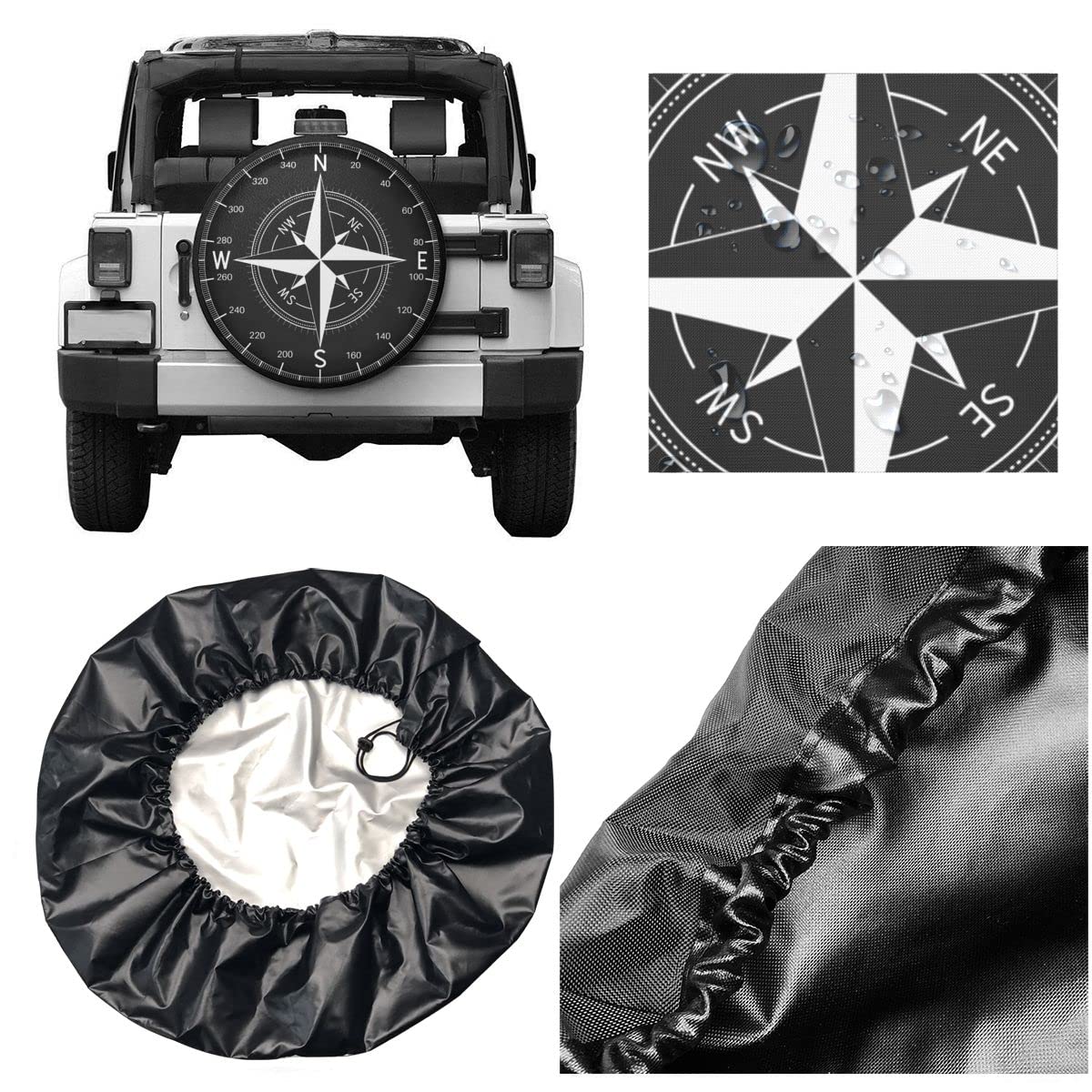 Copriruota auto di scorta, stampa a bussola modello, protezione universale impermeabile copricerchi, adatto per SUV, camper, rimorchio, accessori per ruote auto (16'' pollici / 76-79cm)