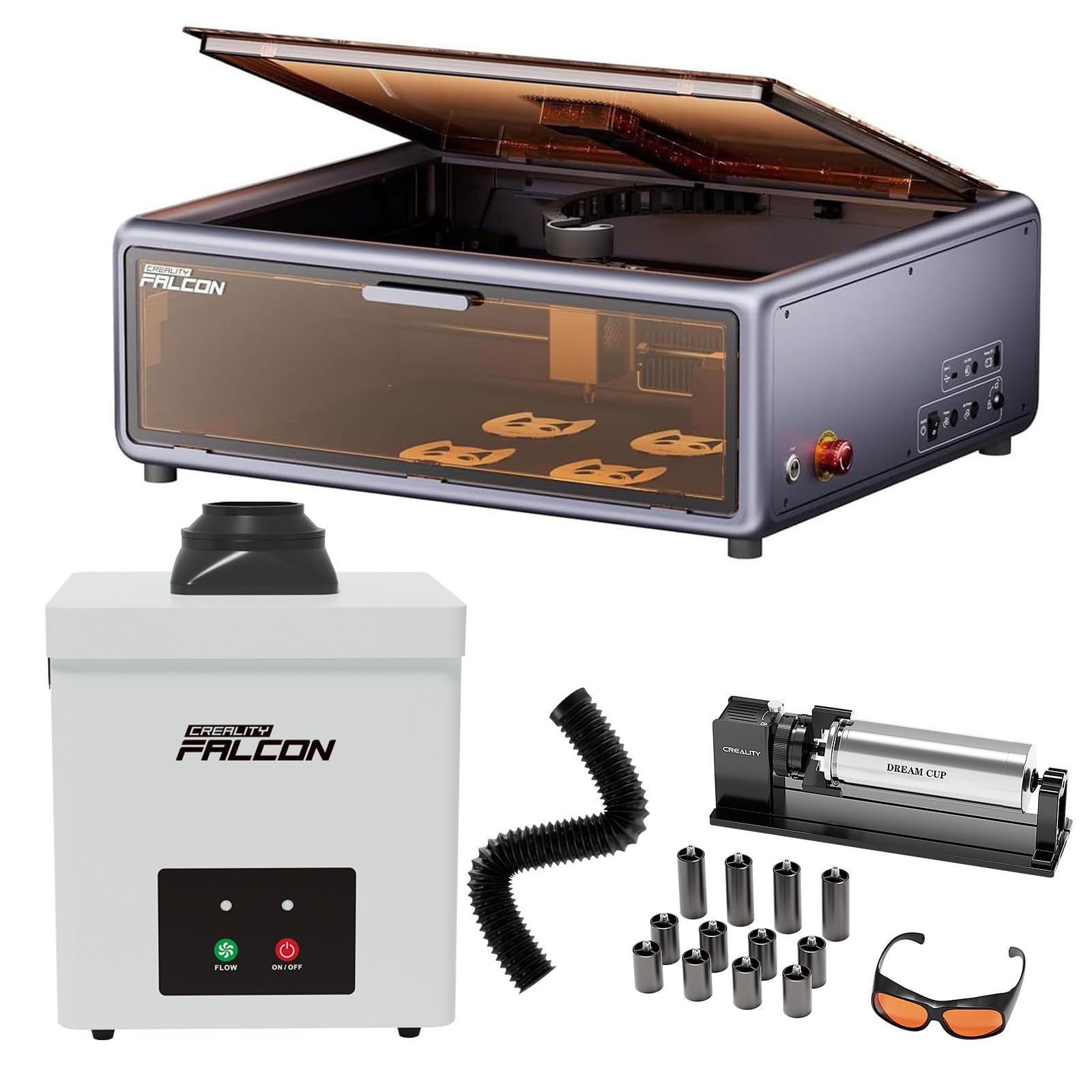 Creality Falcon A1 10W Engraving Machine with YW45 Smoke Extractor, Rotary Roller Kit Pro– Compact Enclosed La ser Engraver Cutter, CoreXY System, Dual-Door Design, Smart Camera, 387×305mm Work Area