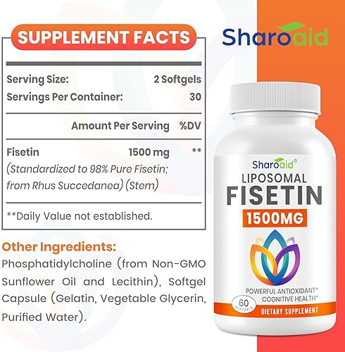 Miniatura 7 de Suplementos de fisetina de 1500 mg, potente absorción con entrega liposomal, 98% de fisetina pura, antioxidante de polifenol para un envejecimiento