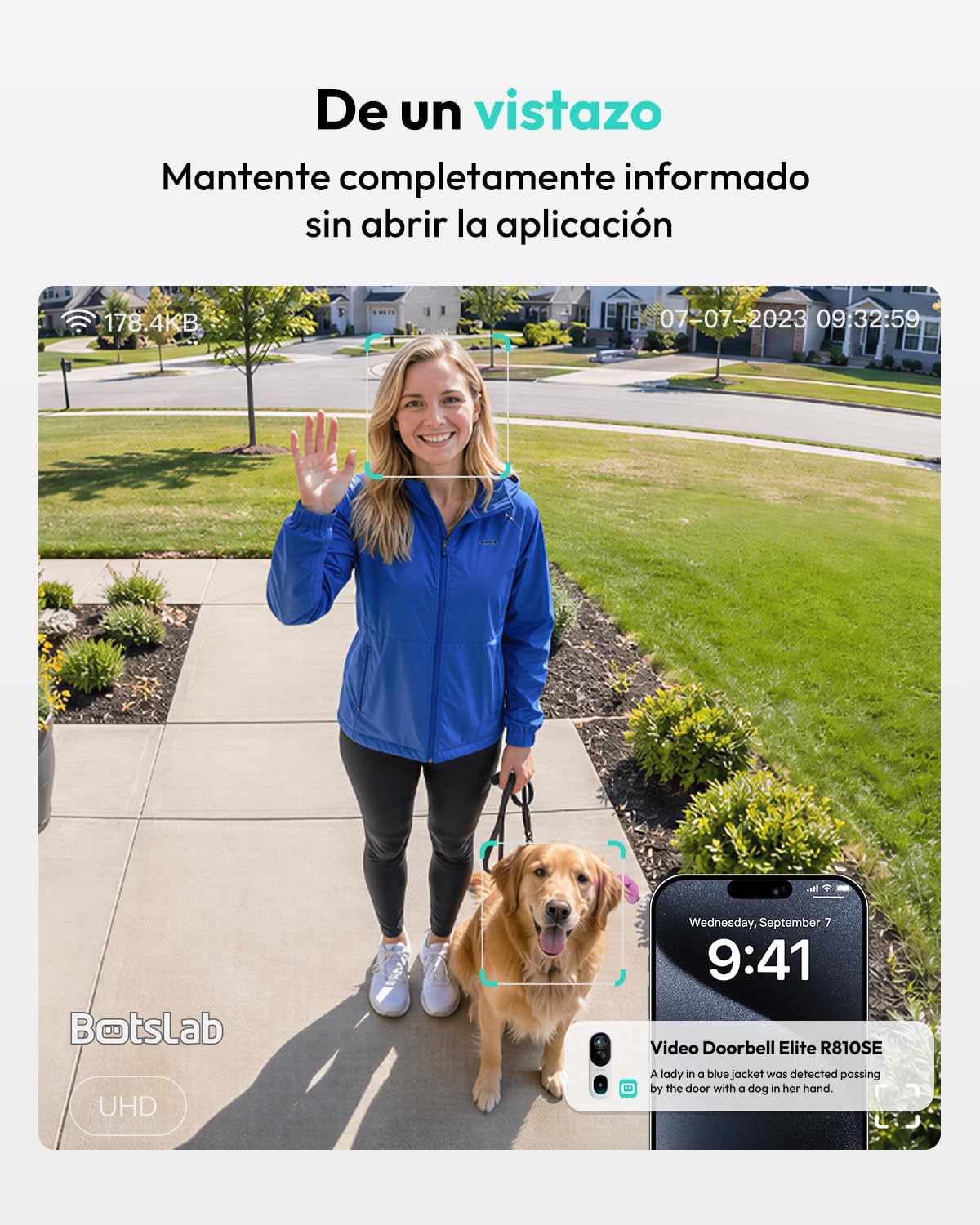 BOTSLAB Timbre inalámbrico Exterior Impermeable 2K con Panel Solar | Timbre de vídeo de alimentación continua con vista, cabezal y pies 1:1, audio bidireccional, detección humana, WiFi 2,4 GHz