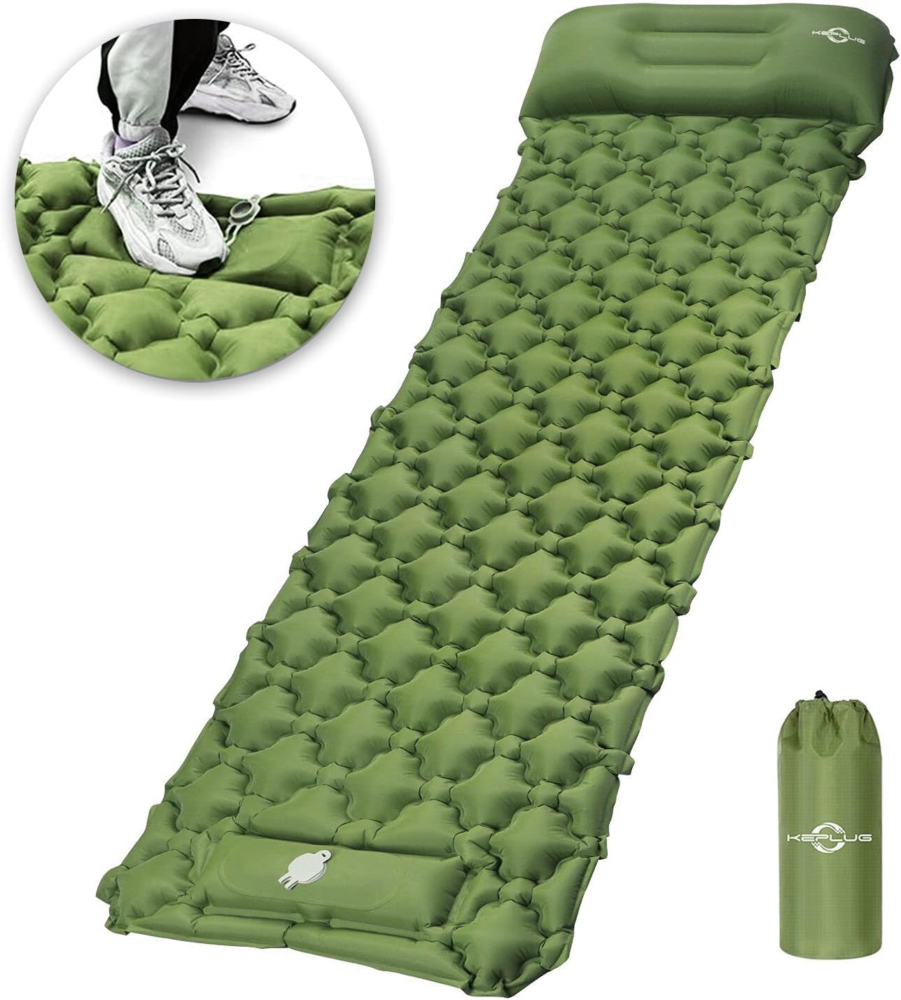 KEPLUG Inflatable Sleeping Pad for Camping, Ultralight Waterproof Sleeping Mat w/Pillow, Foot Pump Quick Inflation & Deflation, Thick Air Mattress w/Carrying Bag for Backpacking Hiking Tent Travel