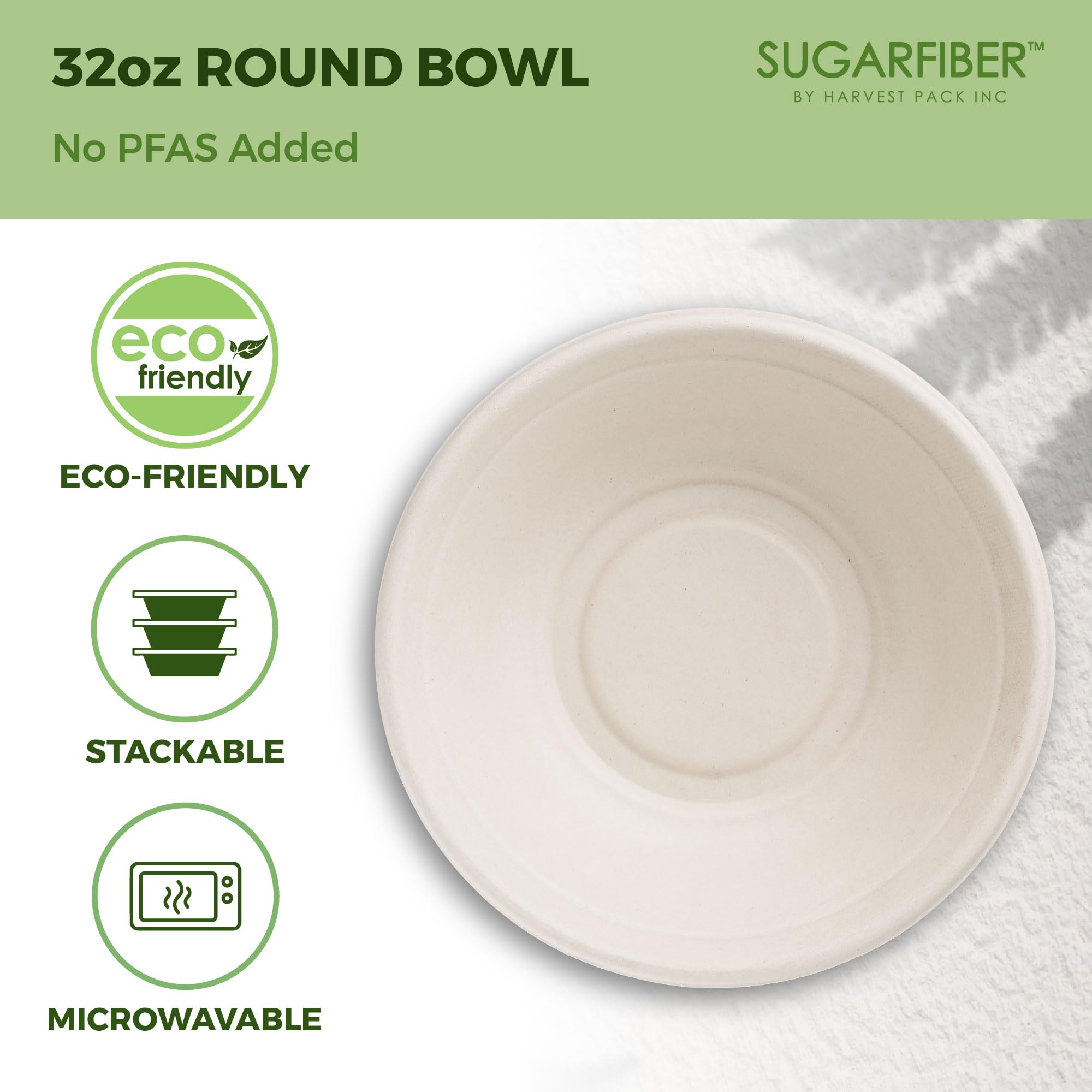 Paquete de 100 cuencos de papel redondos blancos sin PFAS de 32 onzas, compostables, resistentes, ecológicos, desechables, fibras vegetales de caña de azúcar, para preparación de comidas y comida para
