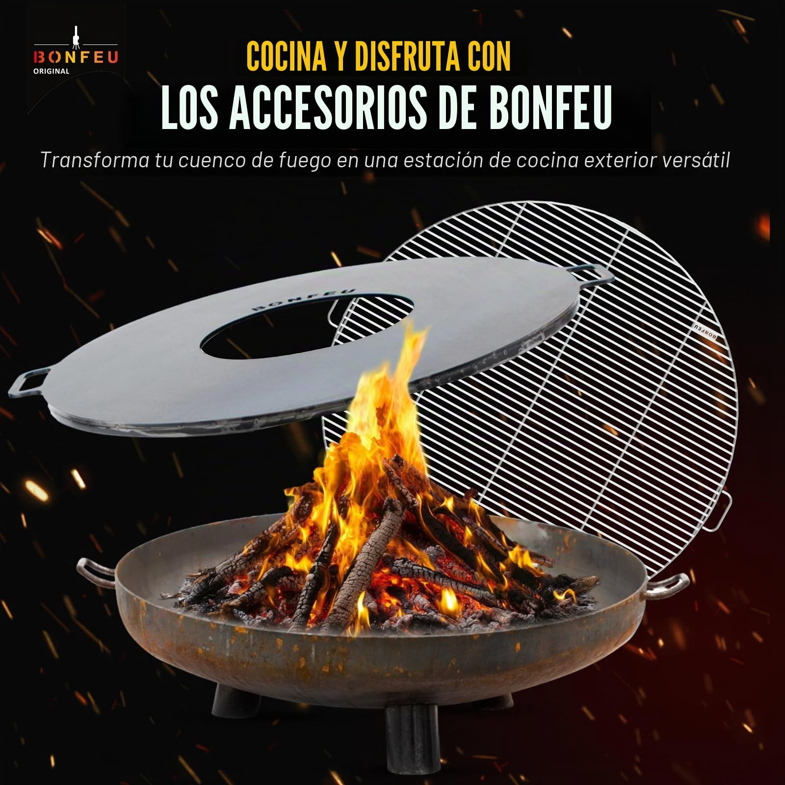 Cuenco de Fuego BonFeu BonBowl Acero Corten - Hoguera de Exterior - Braseros de 60 a 150 cm (Marrón óxido, Ø80 Pies y Asa)