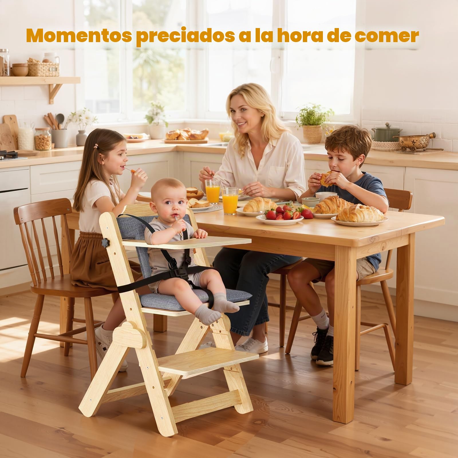 Silla de comedor para niños, con cojín y cinturón de seguridad de cinco puntos, color madera natural,Bandeja Extraíble,Asiento/Reposapiés Regulables, Arnés Seguridad
