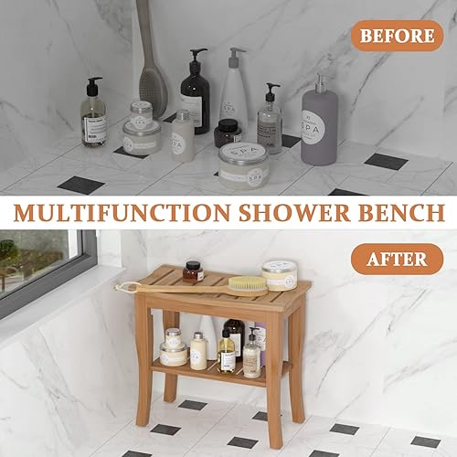 Miniatura 6 de Domax Bancos de ducha de bambú para ducha interior, asiento de banco de baño, taburete de ducha de madera impermeable con estante de almacenamiento