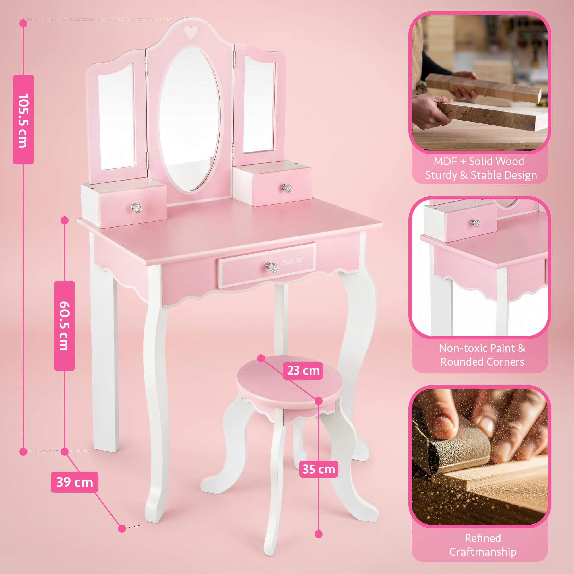 Green series Kinderplay kindermake-uptafel van hout – Grote kaptafel met spiegel – Roze speelmeubel voor de kinderkamer – Voor creatief rolspel