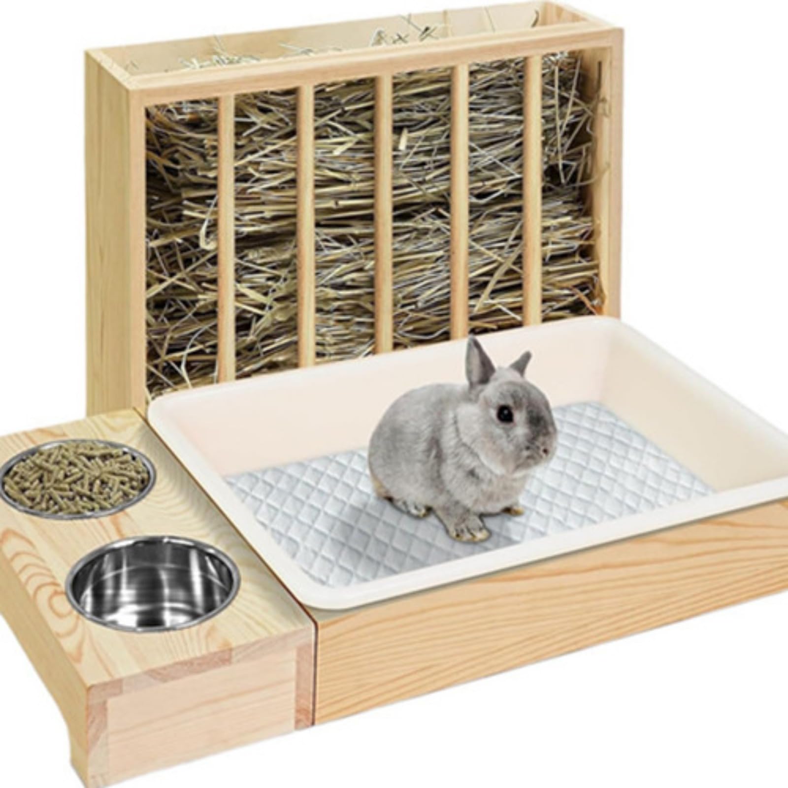 Mangiatoia per fieno in legno per conigli con lettiera per gatti ciotola per animali domestici 4 in 1, adatta per piccoli animali, conigli, criceti e porcellini d'India