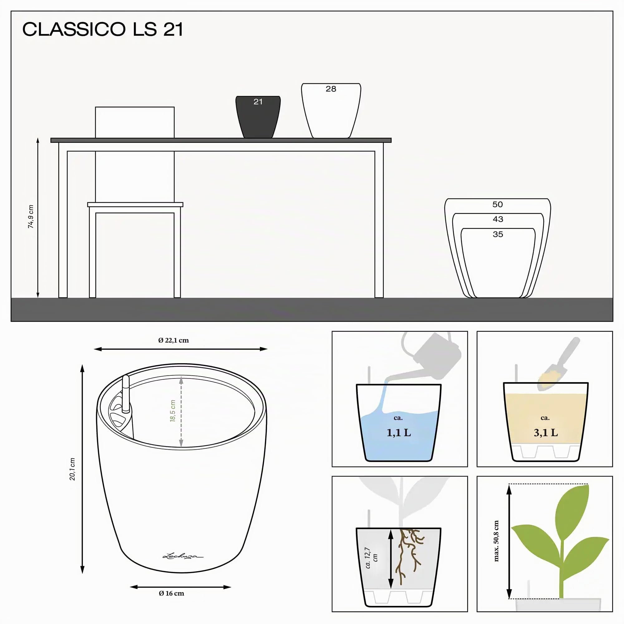 LECHUZA CLASSICO Premium LS 21 antracite metallizzato 16023