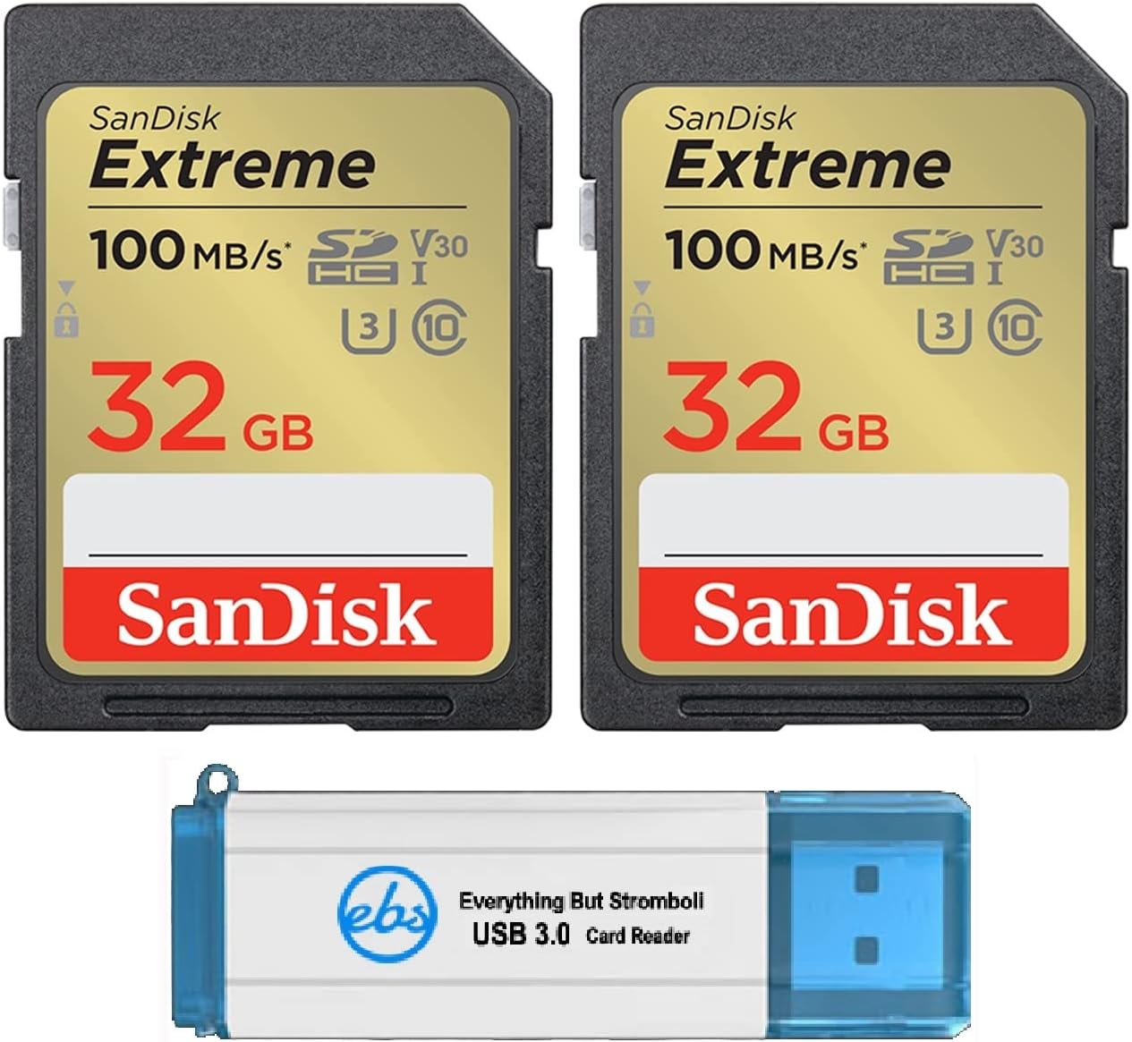 SanDisk 32GB Extreme SD Card (2 Pack) SDHC Memory Cards Compatible Browning Trail Cameras (SDSDXVT-032G-GNCIN) Class 10 UHS-1 U3 4K Bundle with (1) Everything But Stromboli 3.0 Micro & SD Card Reader