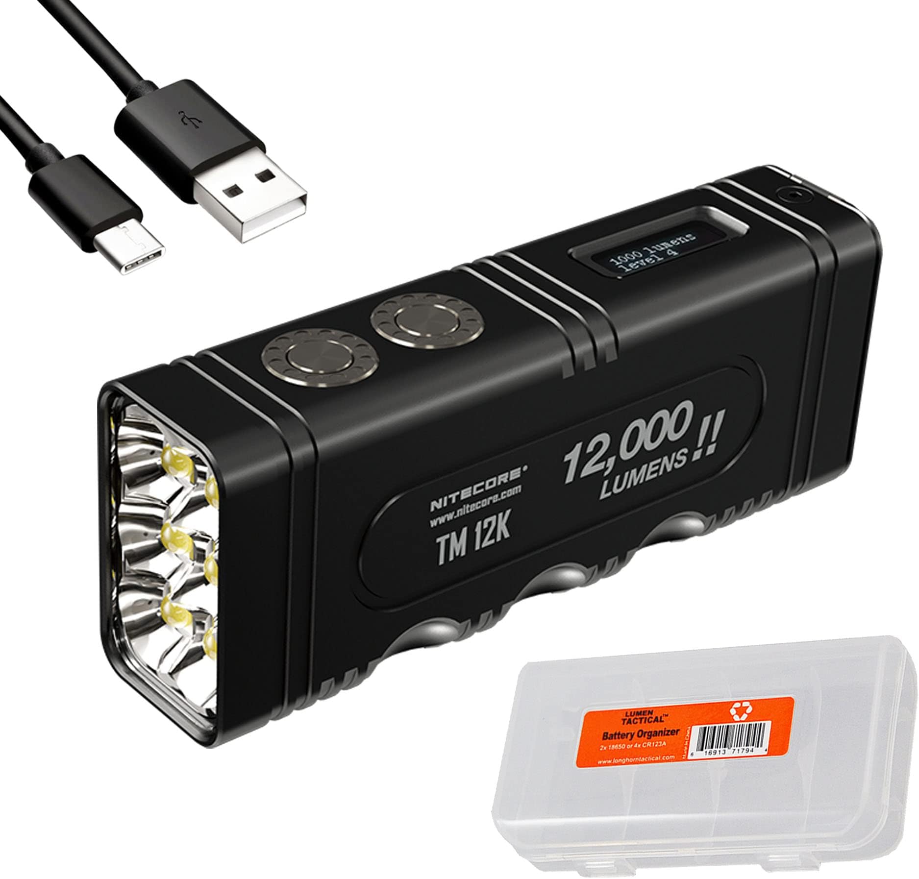 TM12K Flashlight, 12,000 Lumen High Lumen LED USB-C Rechargeable with Digitial Display and Organizer