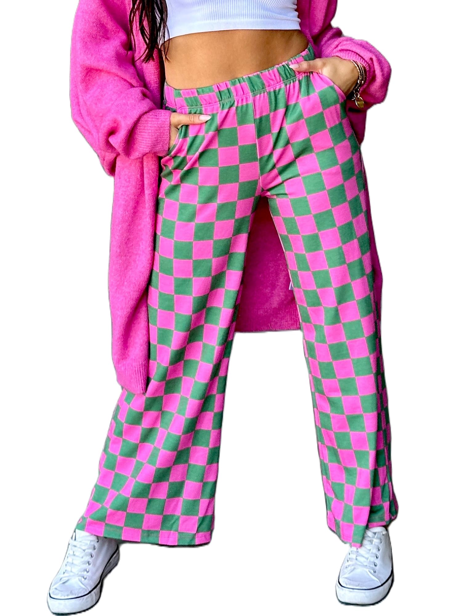Sunloudy Womens Checkered Wide Leg Pants High Elastic Waisted Straight Loose Fitted LoungeTrouser Streetwear