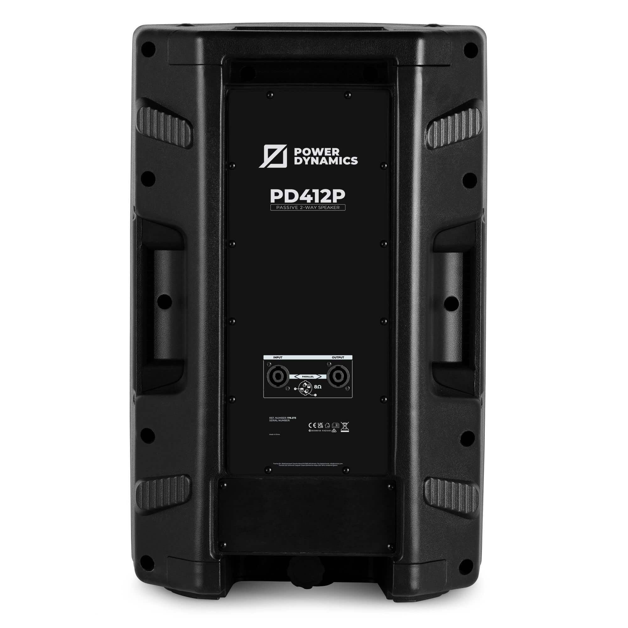 Power Dynamics PD412P Altavoz pasivo de 2 vías de 12 Pulgadas y 1200 vatios máximo, Carcasa de ABS, Crossover Incorporado, opción para Uso como Monitor, Agujero en la Parte Inferior para trípode
