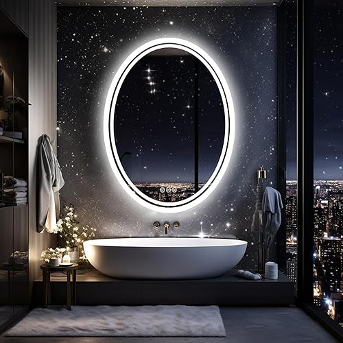 Miniatura 12 de LUVODI Espejo de baño LED iluminado: espejo de maquillaje ovalado de 28 x 20 pulgadas con retroiluminación y luz frontal, moderno espejo inteligente