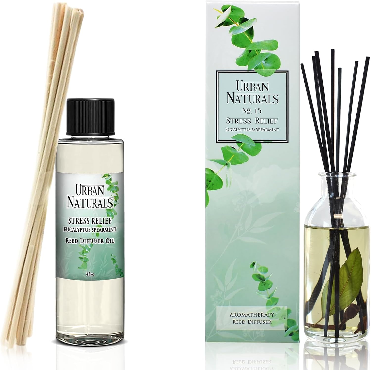 Urban Naturals Eucalyptus Spearmint Reed Diffuser Refill, 4 oz, Bundle with Eucalyptus Spearmint Reed Diffuser Set - Made with Essential Oils in The USA