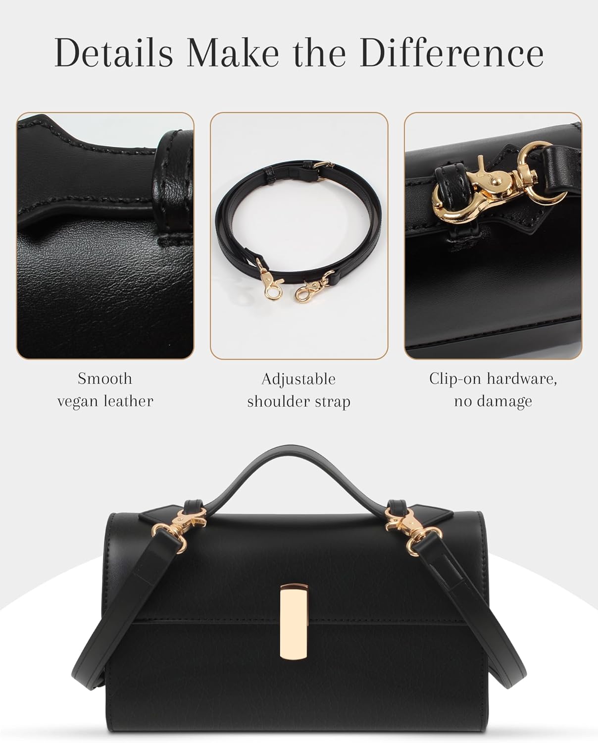 Black Evening Bag, PU Leather Clutch Purse for Women with Strap, Small Formal Handbag for Wedding Party Dinner Gift Idea - Image 6