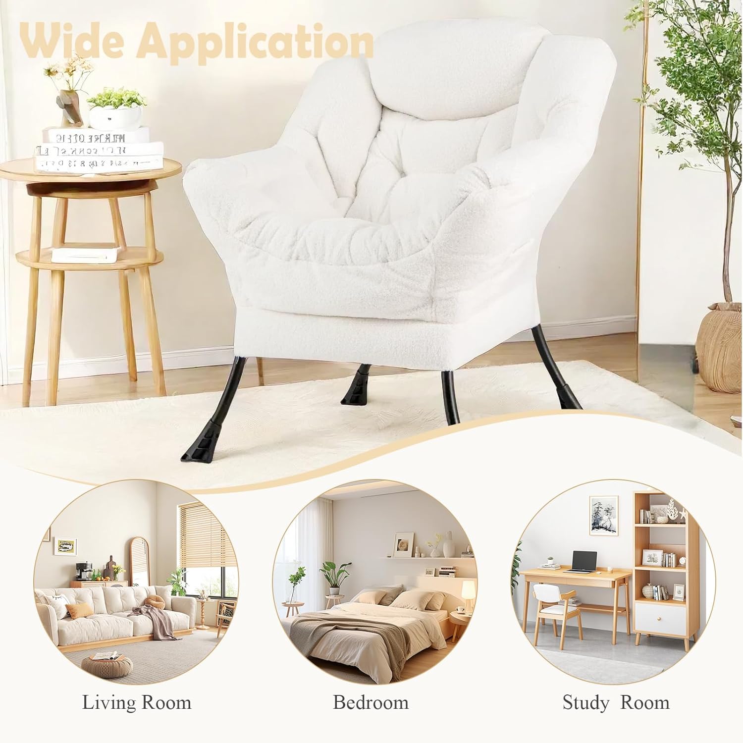 GORELAX Modern Lazy Chair,Upholstered Lounge Accent Chair, Single Leisure Sofa Chair with Armrests & Side Pocket, Comfy Reading Chair for Bedroom, Living Room, Dorm Room (Plush Beige)