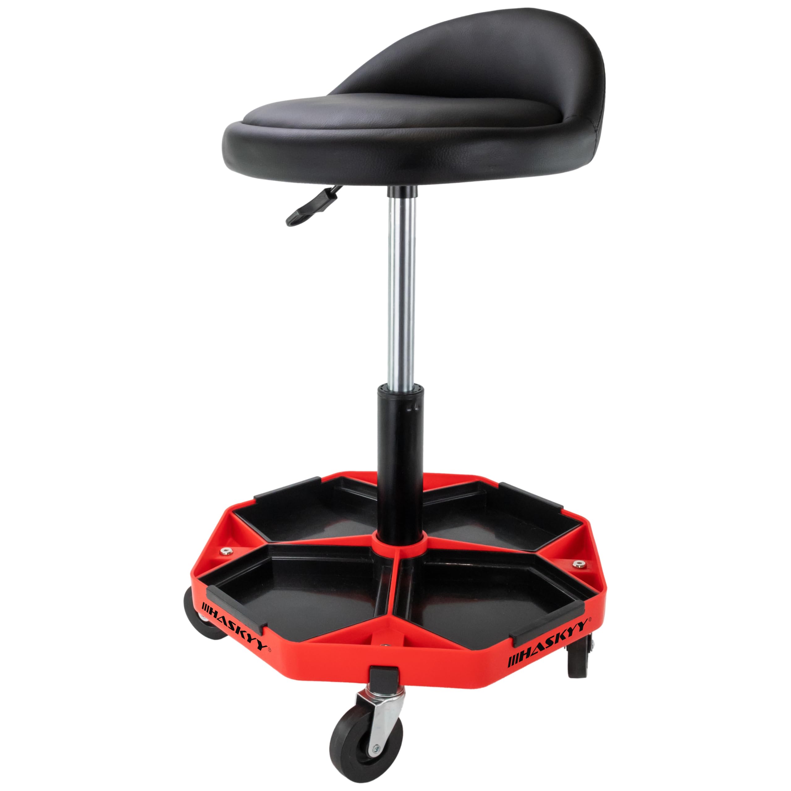 HASKYY Tabouret d'atelier avec dossier - Hauteur réglable de 43 à 58 cm - Charge maximale : 150 kg - Siège d'atelier avec compartiments de rangement - Tabouret pratique et d'atelier avec roulettes à