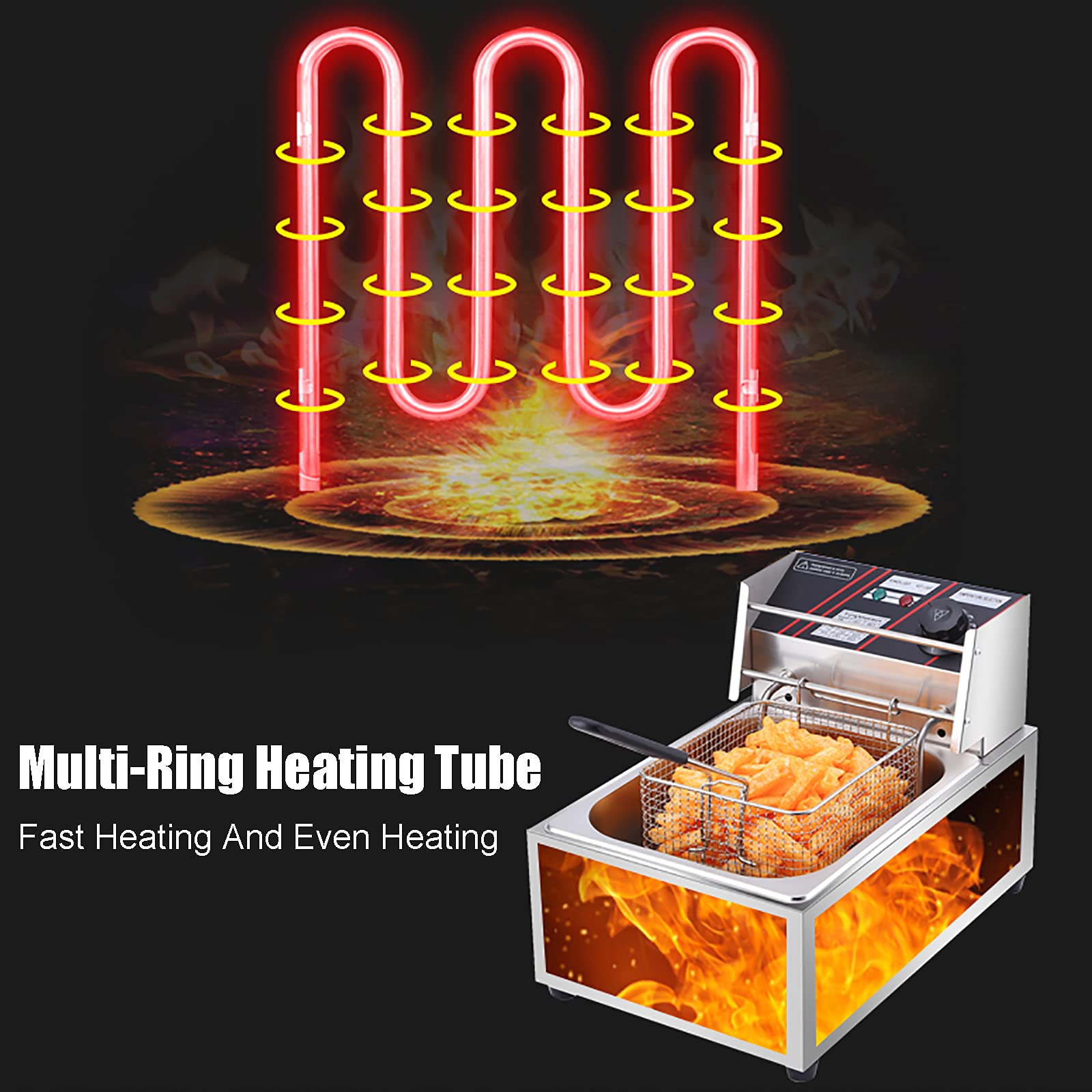 Freidora eléctrica con Cesta y Tapa, de Acero Inoxidable Resistente, Temperatura Ajustable, Elemento de inmersión, para Uso doméstico y Comercial (Plateada)