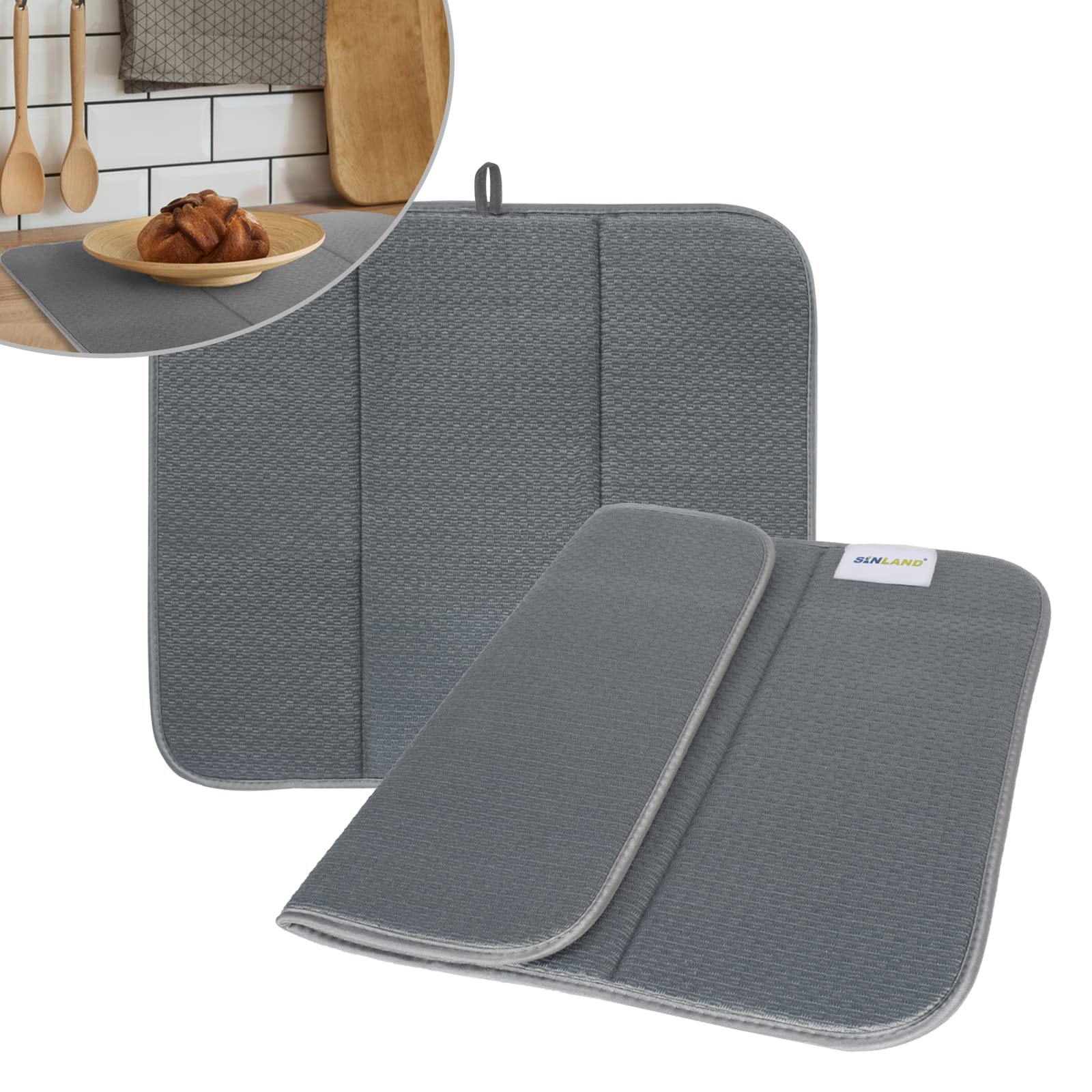Microfiber Dish Drying Mat Super Absorbent Dish Drying Rack Pads Kitchen Counter Mat 16X18Inch Dark Grey 2 Pack