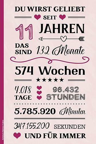 Notizbuch Mädchen 11 Jahre: Geburtstagsgeschenk für 11 jährige Mädchen kleines Geschenk zum 11ten Geburtstag A5 Buch liniert praktisch für Notizen das Tagebuch mit schönem Spruch zum 11. Geb