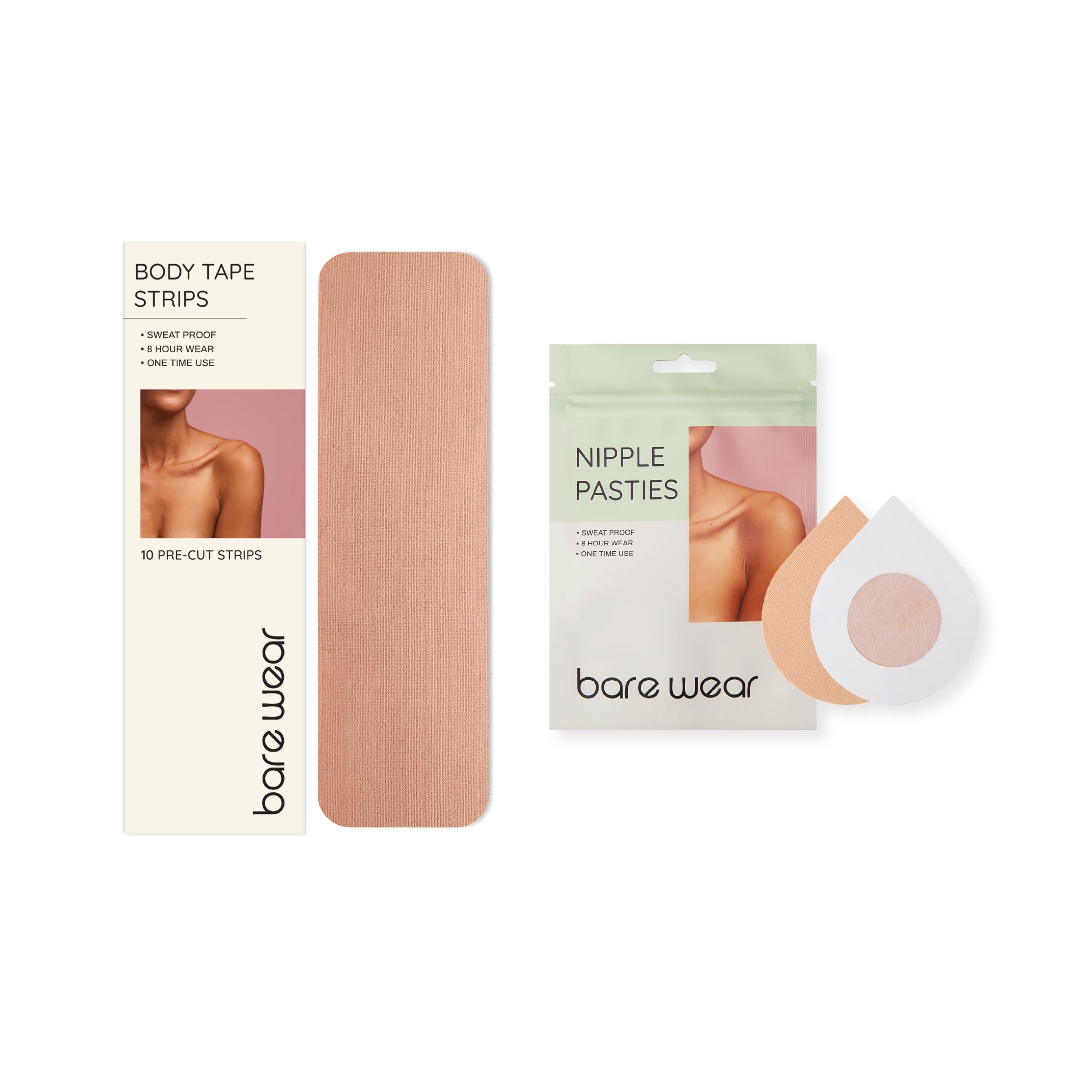 Bare Wear Combo Pre-Cut Body Tape Strips 7.5 cm Width (Pack of 10) and Nipple Pasties (5 Pairs) A-J+ Cup Sweatproof Breast Lift Boob Tape