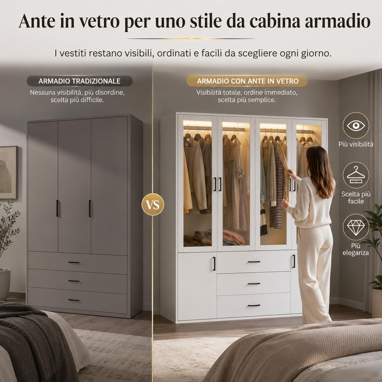 Armadio Guardaroba 6 Ante con LED, armadio camera da letto adulto con 4 ante in vetro e 3 cassetti, Armadio Moderno Con Appendiabiti, per camera da letto e cameretta dei bambini