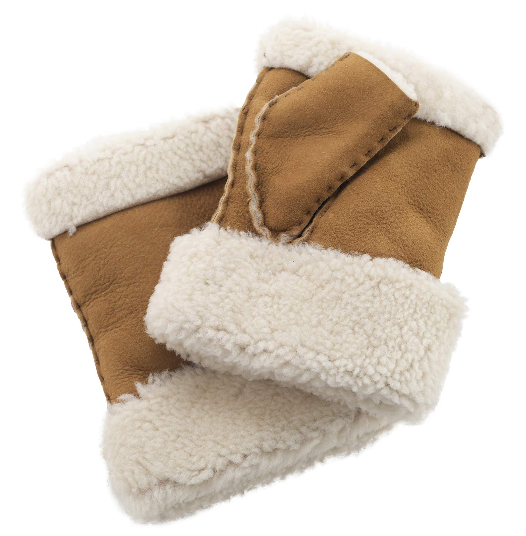 Lambland Women's Premium Sheepskin Hand Sewn Cold Weather Winter Fingerless Gloves (Tan)