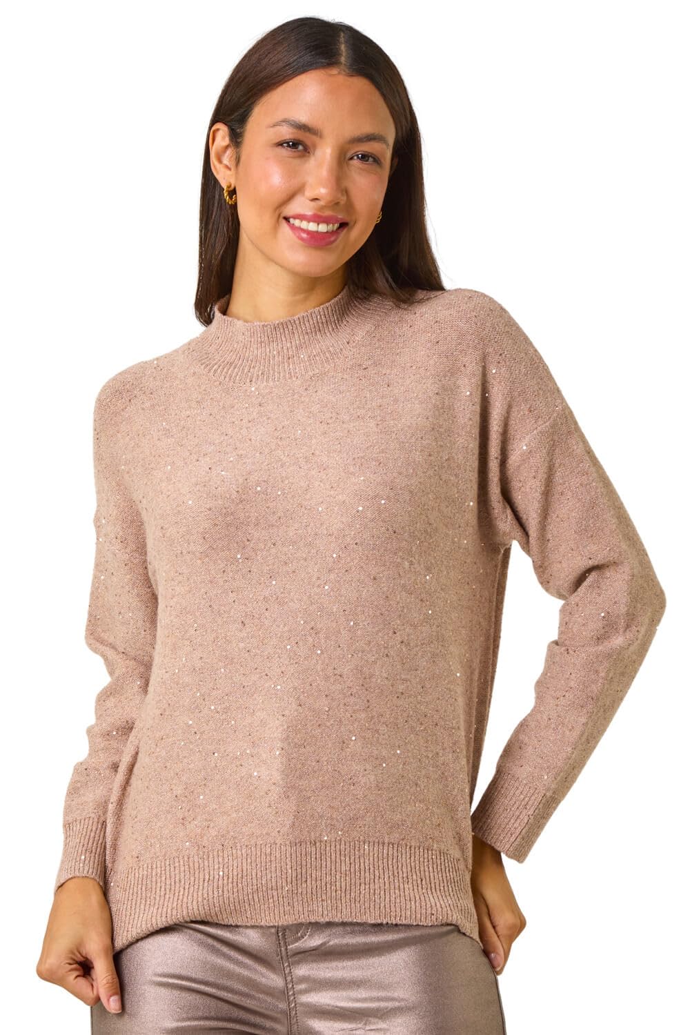 Roman Originals Women's Pale Pink Diamante Sequin Jumper For Uk Sparkly Glitter Sweater Embellished Smart Casual Autumn Winter High Neck Knitwear Knitted Pullover - Size 18