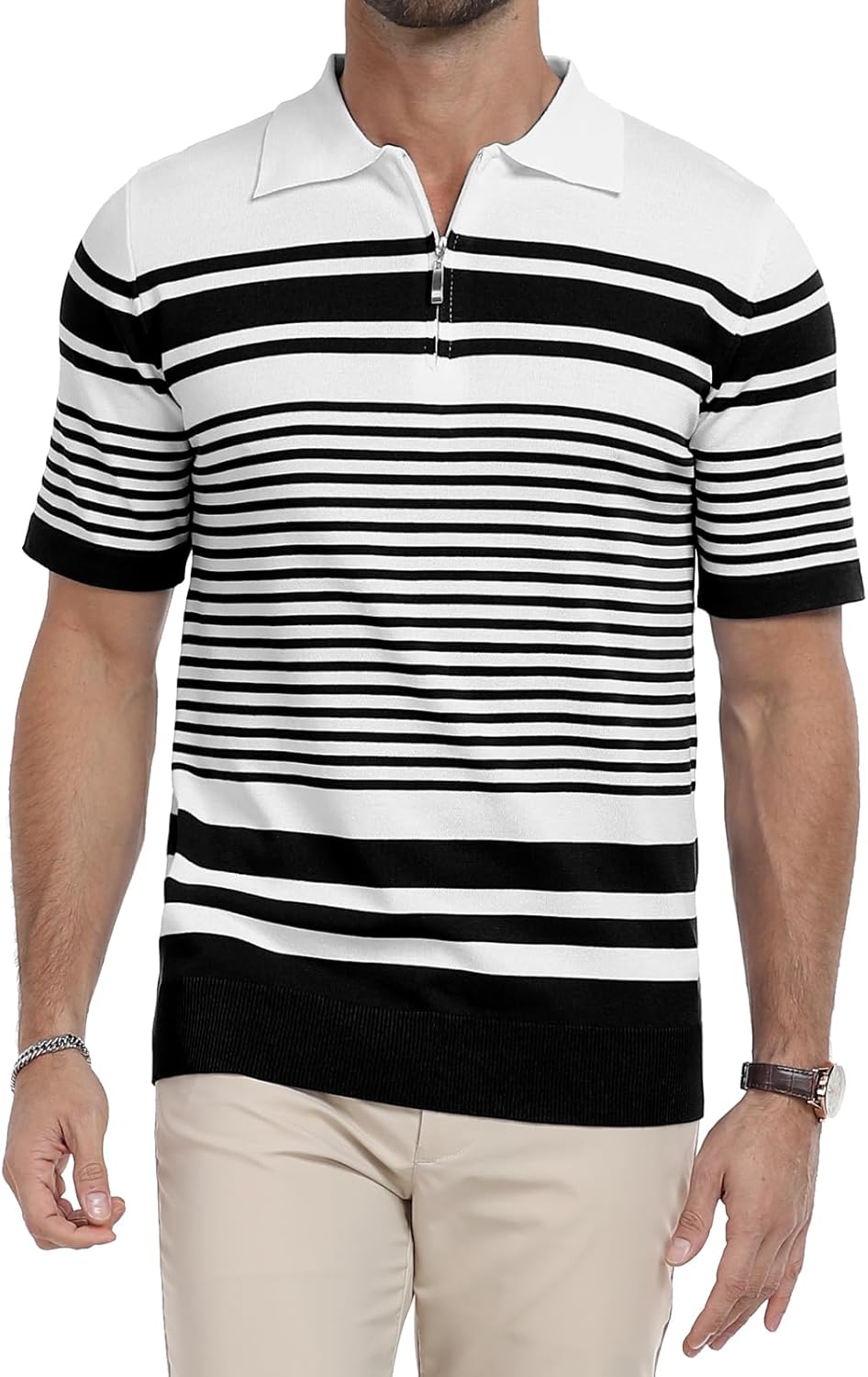 KUYIGO Men's Knit Collared Polo Shirts Short Sleeve Zipper Striped Tops Classic Fit Casual Soft T-Shirt - Image 2